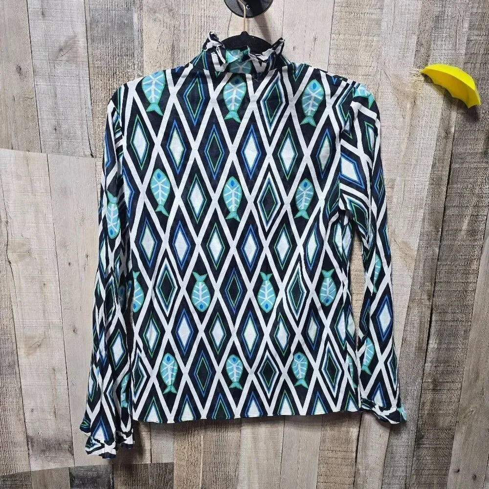Tory Burch Geometric Print Fish Multicolor Ruffle Blouse